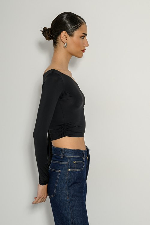 pinkwoman Λύκρα κροπ τοπ με έναν ώμο (BLACK) - 3