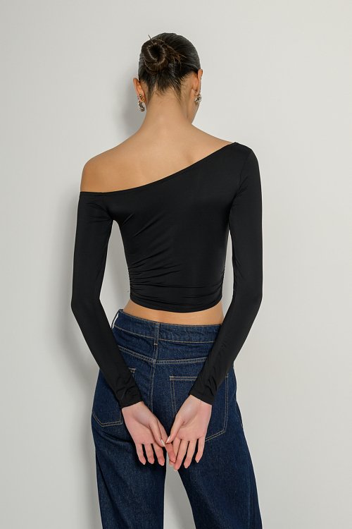 pinkwoman Λύκρα κροπ τοπ με έναν ώμο (BLACK) - 4