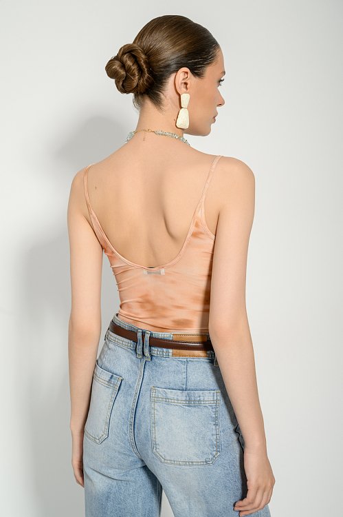 Drape tulle bodysuit with print