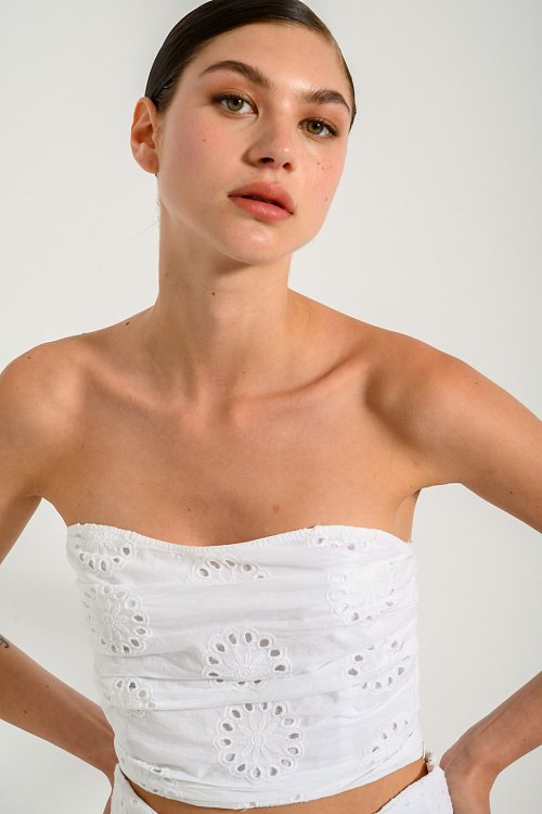 Strapless cropped top with perforated details