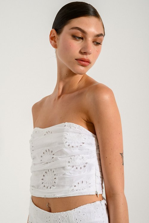 Strapless cropped top with perforated details