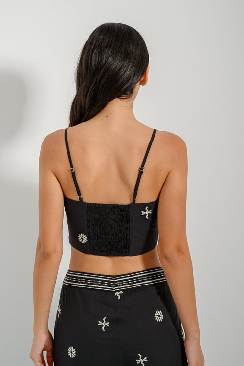 Crop top with shirring details and embroidered flowers
