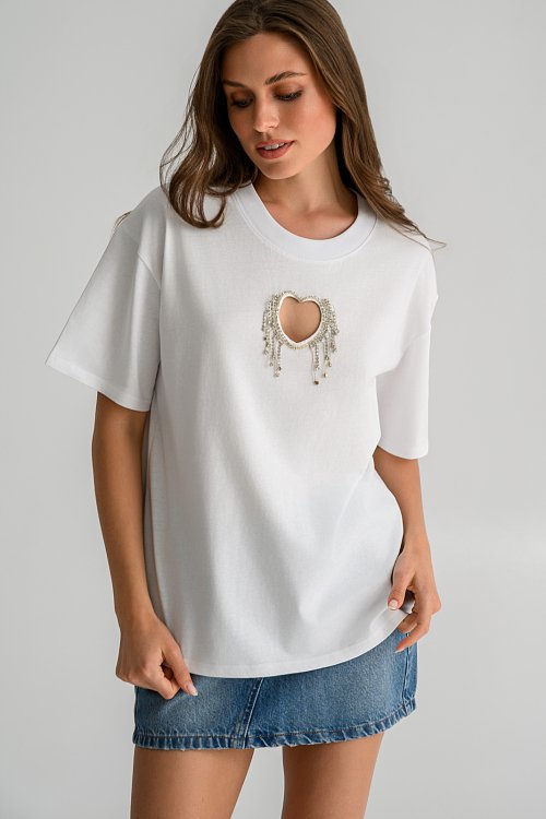 T-shirt with cut-out heart detail with rhinestones