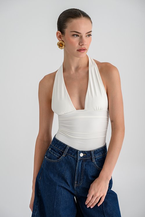 Halter λύκρα κορμάκι (OFF WHITE) - pinkwoman - 