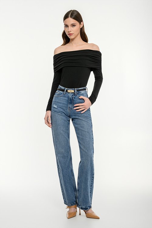 pinkwoman Off shoulder τοπ με σούρες (BLACK) - 2