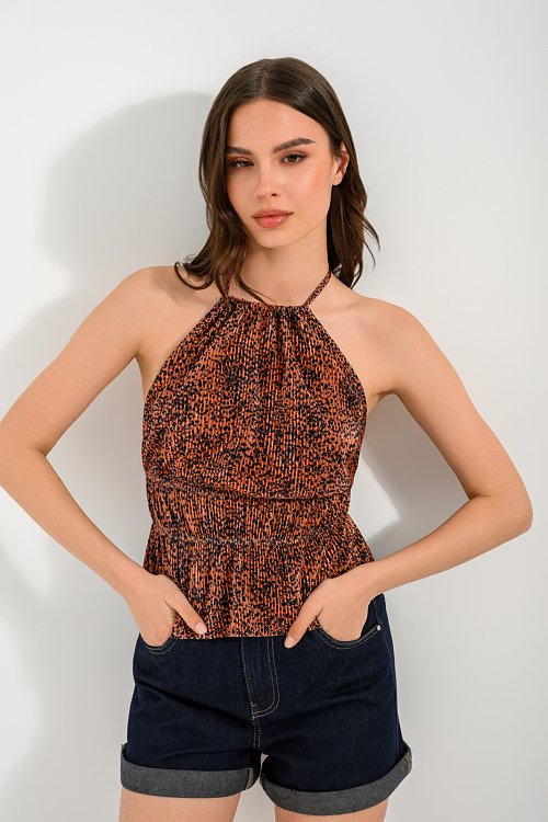 Pleated halter top with animal print