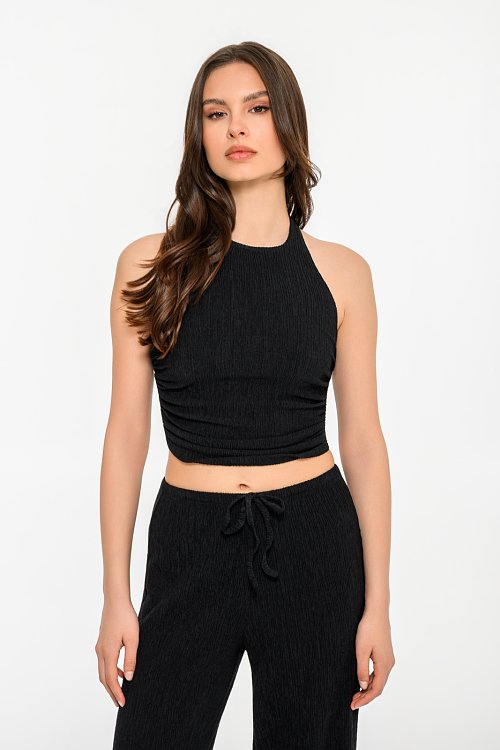 Halter neck seersucker cropped top with shirring details