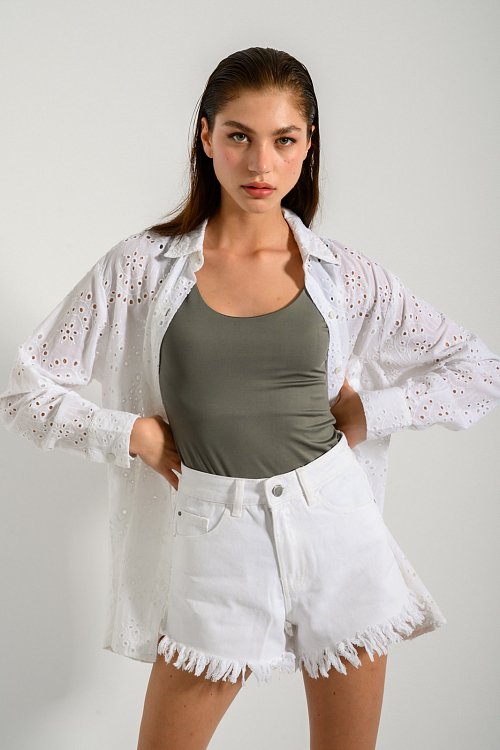 Ρούχα>Πουκάμισα Oversized πουκάμισο με διάτρητα σχέδια (WHITE)