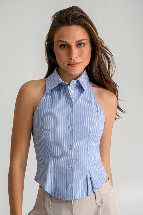 Sleeveless fitted poplin shirt with stripes