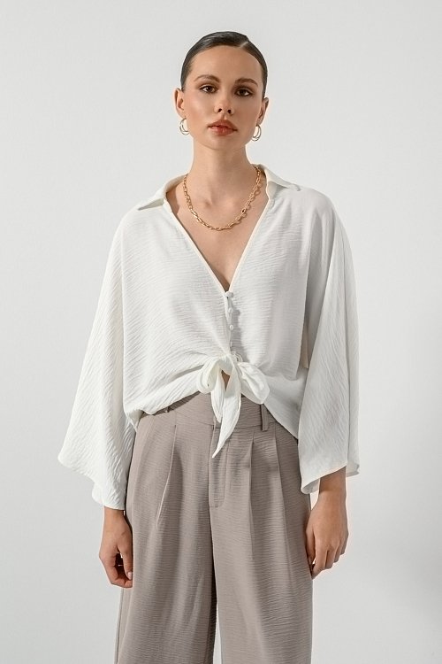 pinkwoman Κροπ πουκάμισο με δέσιμο (OFF WHITE) - 3
