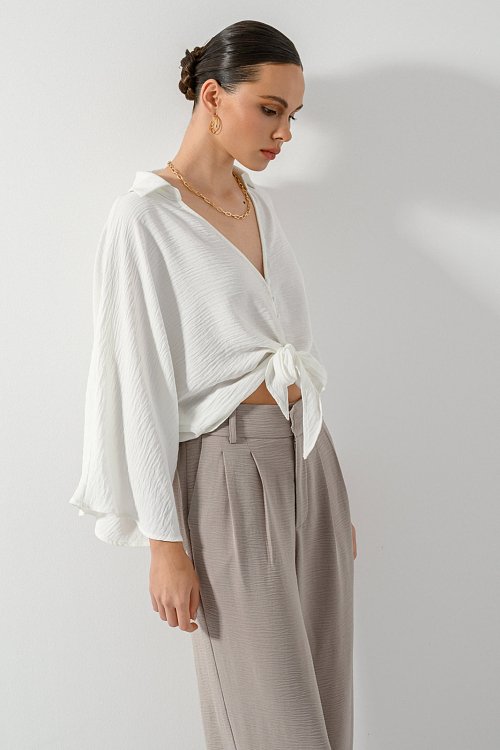 pinkwoman Κροπ πουκάμισο με δέσιμο (OFF WHITE) - 4