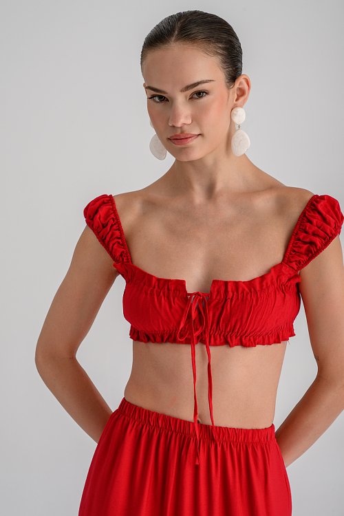 Κροπ τοπ με σούρες και φαρδιές τιράντες (RED) - pinkwoman - 