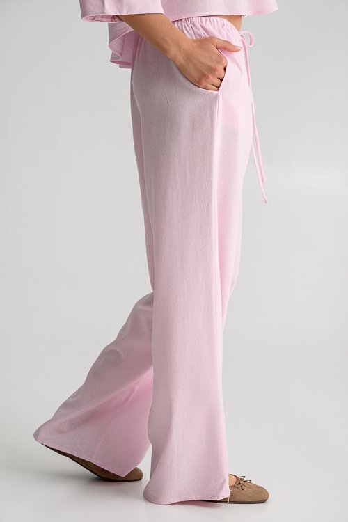 Linen straight leg trousers with elastic waistband