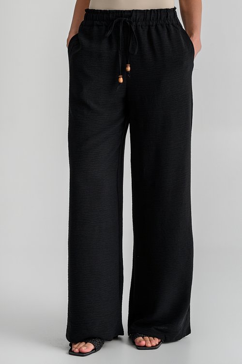 Wide leg παντελόνα με κορδόνι με χάντρες (BLACK)