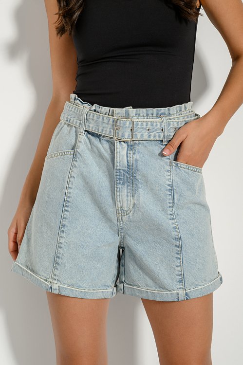 Denim paperbag shorts with belt