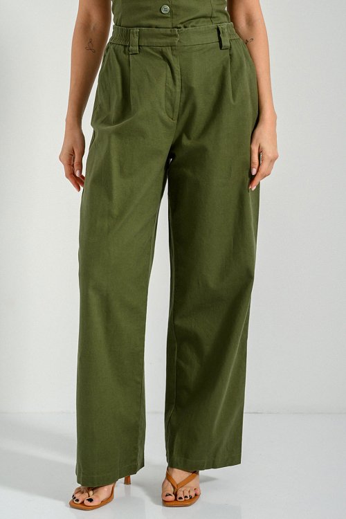 Straight leg linen trousers with pleated details