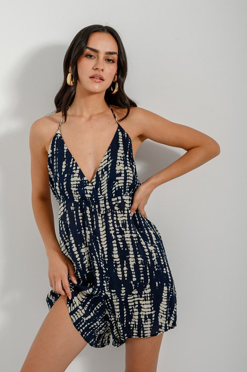 Printed shorts jumpsuit with tie-back detail