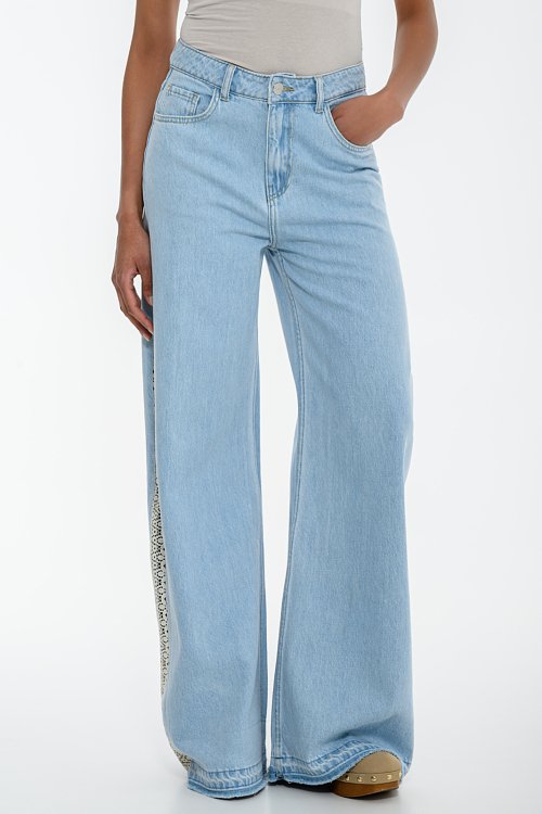 Wide leg denim with crochet design on the sides