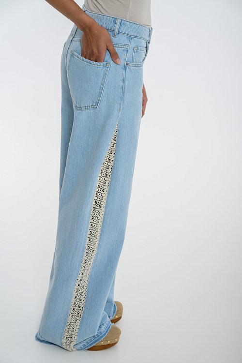 Wide leg denim with crochet design on the sides