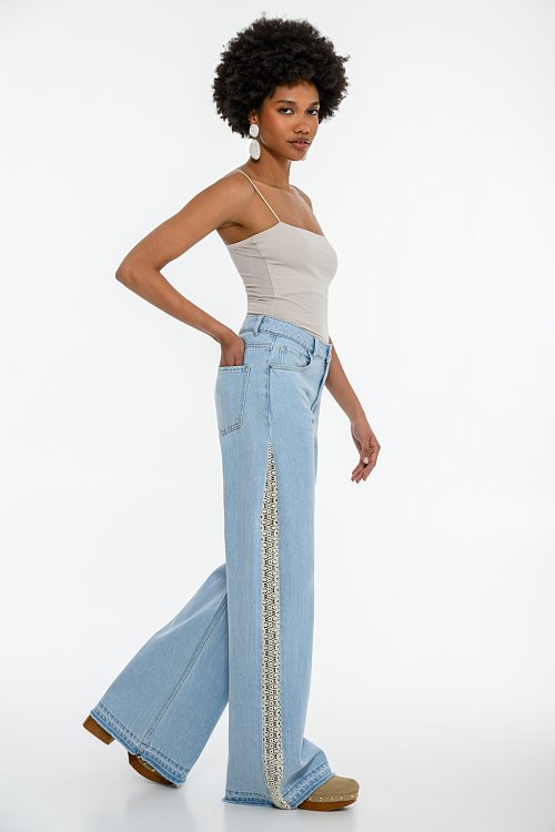 Wide leg denim with crochet design on the sides