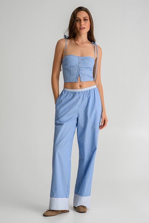 Ριγέ wide leg παντελόνι ποπλίνα