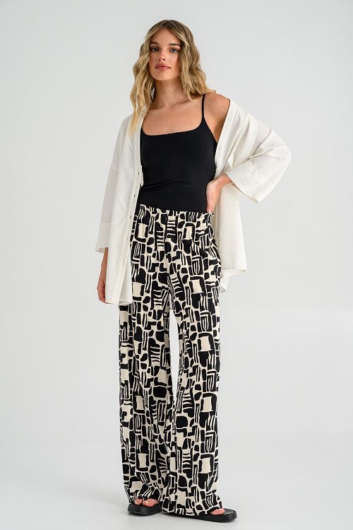 Λινό wide leg παντελόνι με print