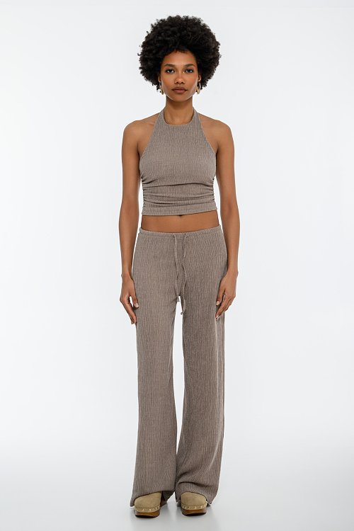 pinkwoman Wide leg γκοφρέ παντελόνα με λάστιχο (D.BEIGE) - 5