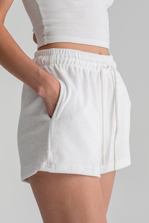 pinkwoman Basic πετσετέ φούτερ σορτς με λάστιχο (OFF WHITE) - 3
