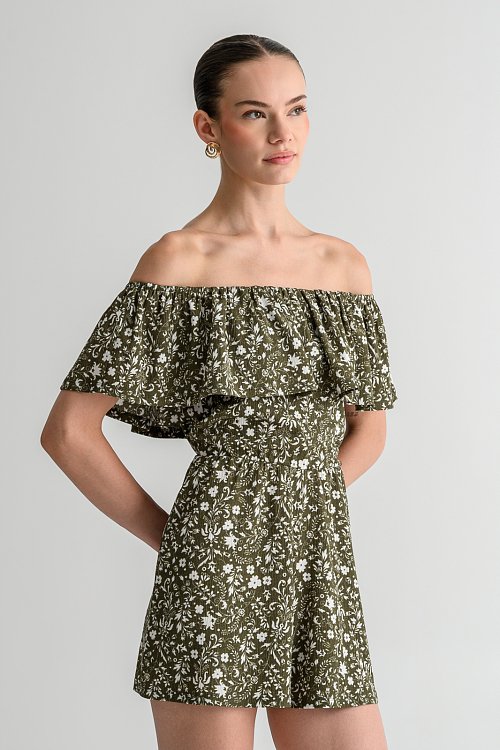 Strapless γκοφρέ φλοράλ ολόσωμη φόρμα σορτς