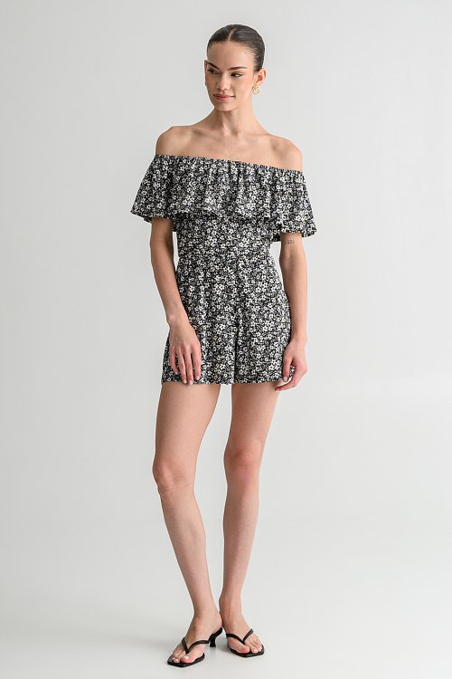 Strapless γκοφρέ φλοράλ ολόσωμη φόρμα σορτς