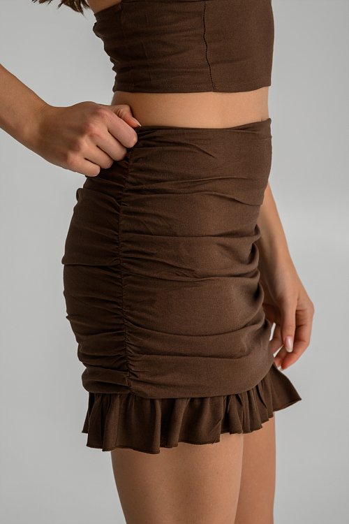Μίνι λινή φούστα με σούρες και βολάν (BROWN) φωτογραφία