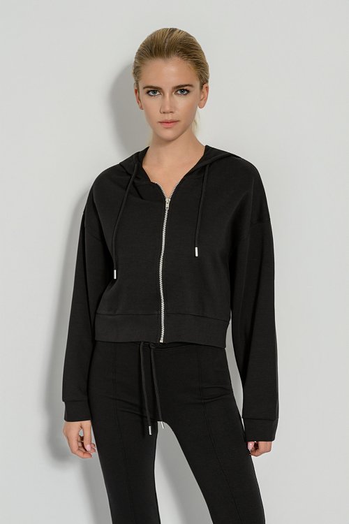 Interlock sweater jacket with hood