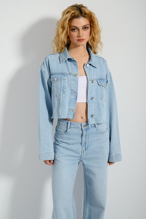 Denim overshirt jacket with loose threads