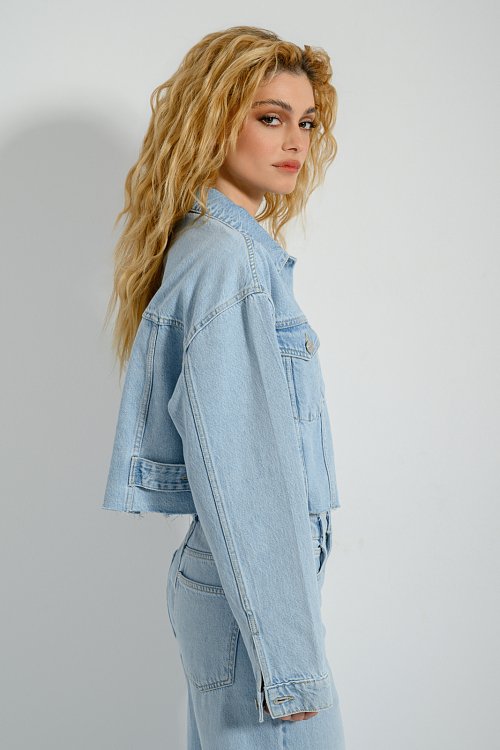 Denim overshirt jacket with loose threads