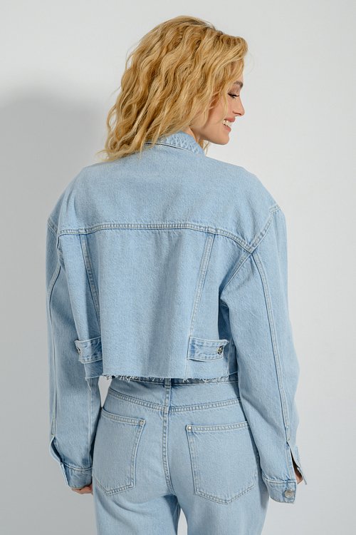 Denim overshirt jacket with loose threads