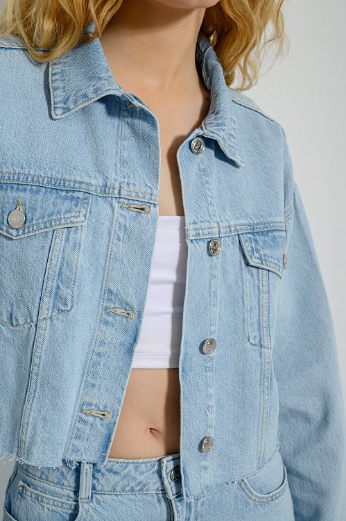 Denim overshirt jacket with loose threads