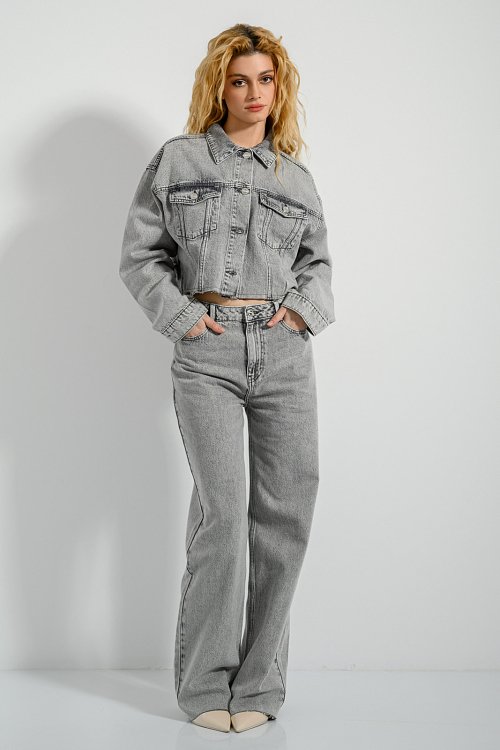 Ντένιμ overshirt τζάκετ με ξέφτια (LIGHT GREY)