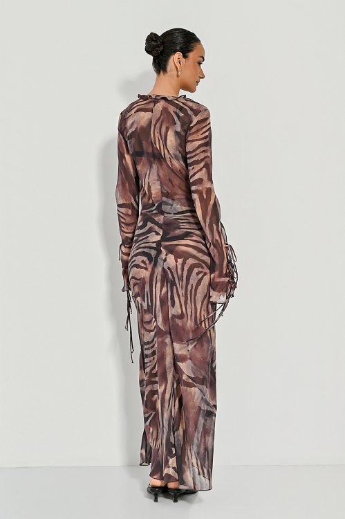 Maxi sheer dress with zebra print and ruffled details