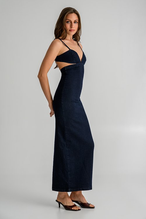 Maxi ντένιμ φόρεμα με cut-out και σκίσιμο (DARK BLUE) φωτογραφία