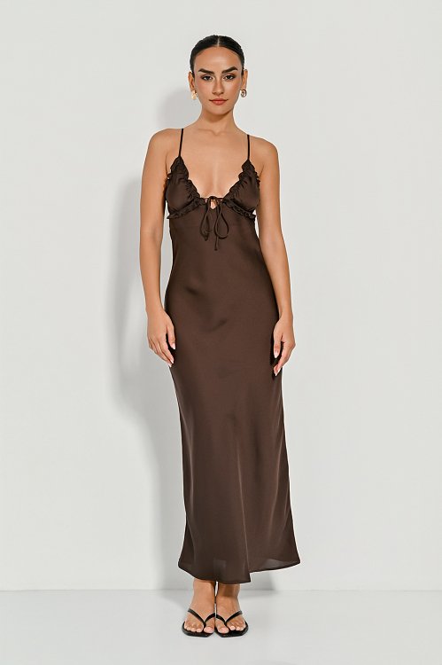 Midi dress with satin effect and front tie