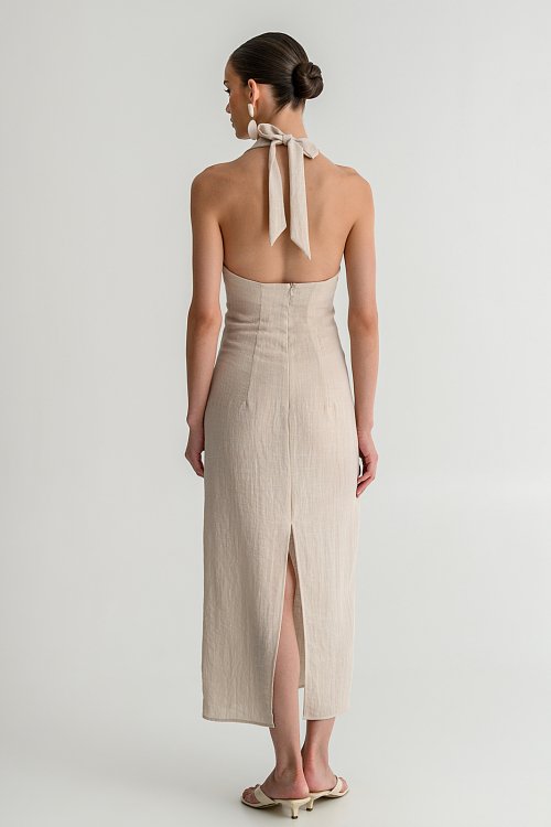Midi rustic halter dress with slit detail on the back