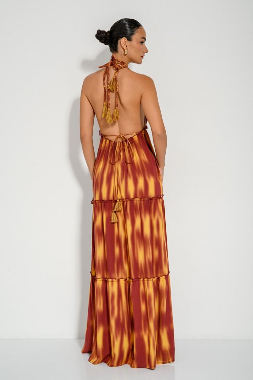 Maxi dress with tie dye print and neck tie