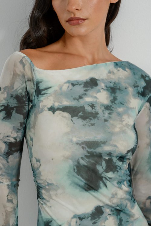 Midi boat-neck φόρεμα από τούλι με print