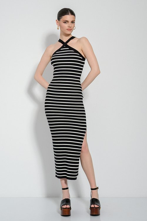pinkwoman Midi πλεκτό ριγέ φόρεμα με χιαστί λαιμό (BLACK/WHITE) - 6