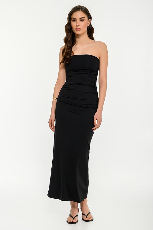 Midi λύκρα strapless φόρεμα με σούρες