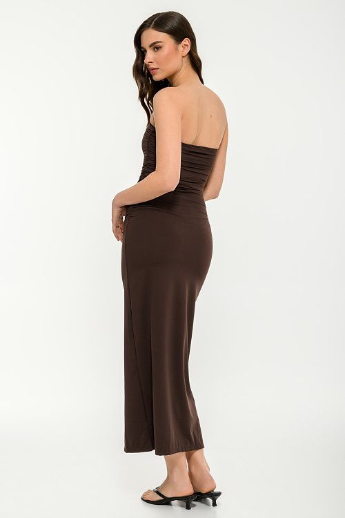 Maxi λύκρα strapless φόρεμα με σούρες (BROWN) φωτογραφία