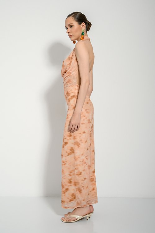 Maxi ντραπέ τούλινο φόρεμα με tie dye print