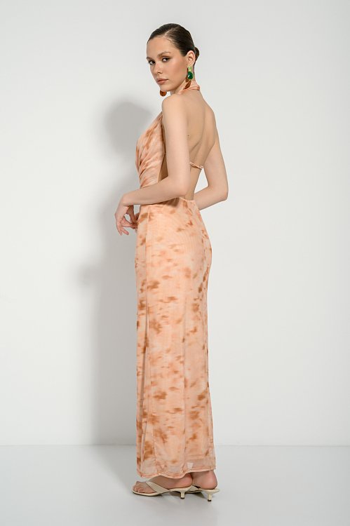 Maxi ντραπέ τούλινο φόρεμα με tie dye print
