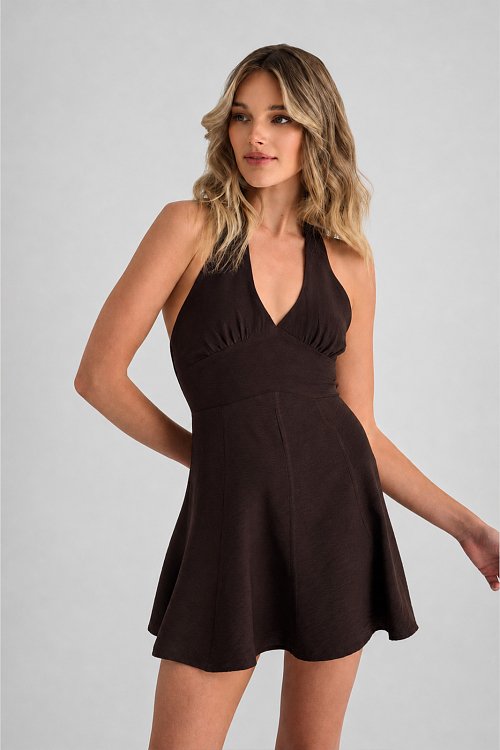 Μίνι halter φόρεμα σε Α γραμμή (BROWN)