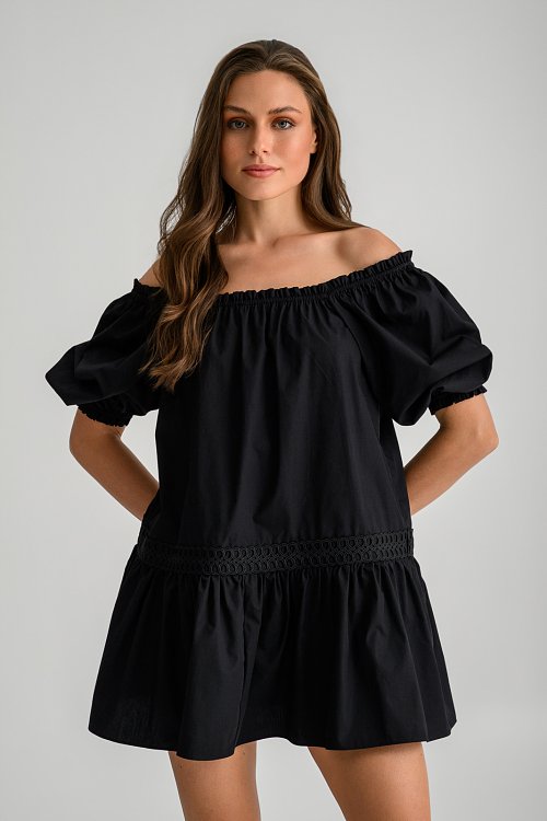 Μίνι φόρεμα ποπλίνα off shoulder με βολάν